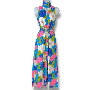 Vintage 60s 70s Psychedelic Flower Power Wide Leg Halter Jumpsuit Size 10 Small